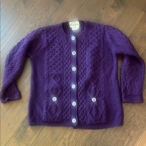 Aran Crafts Deep Purple Jewel Button Merino Wool Knit Cardigan  Like New Large